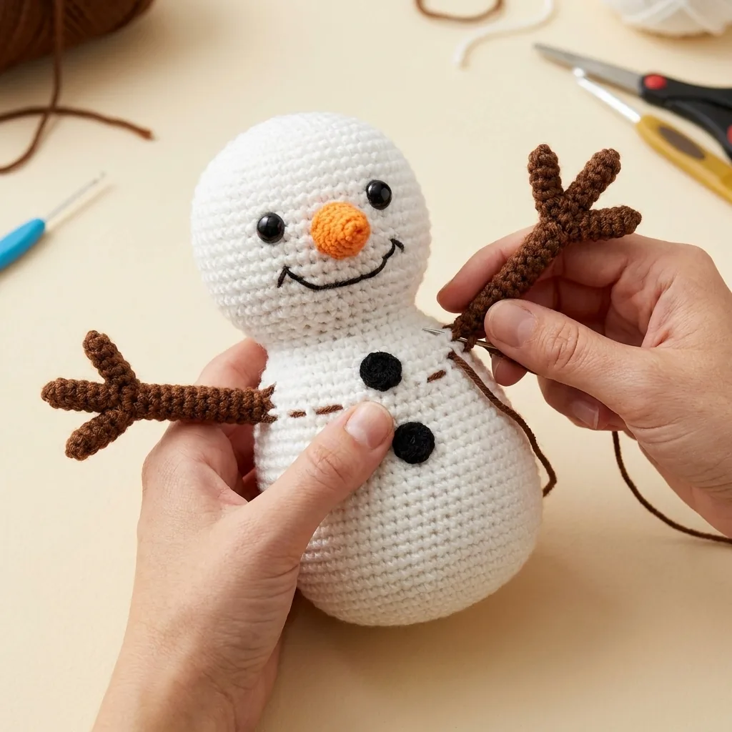 Brown crochet branch arms being attached