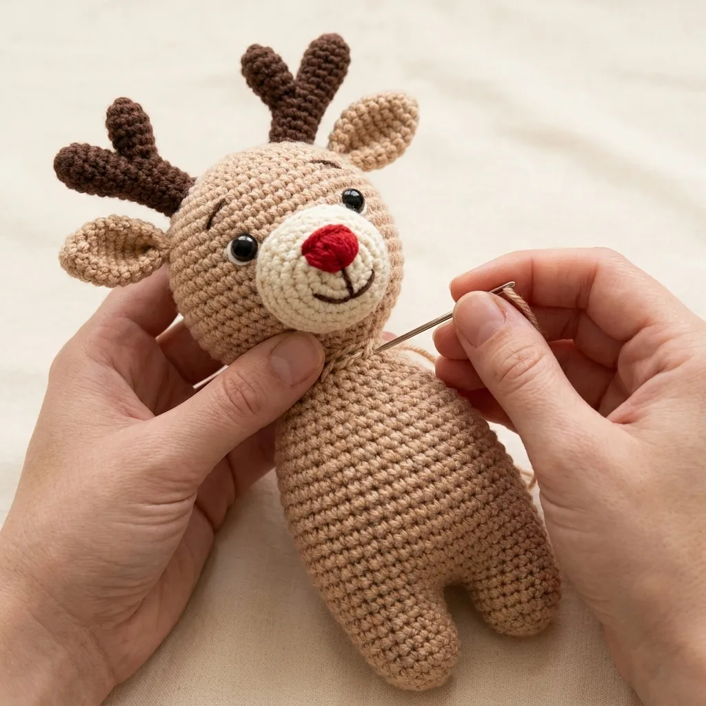 Completed crochet reindeer head being sewn to the body