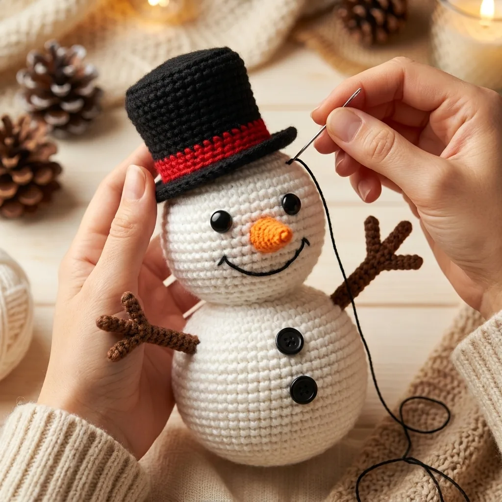 Black crochet top hat being secured to snowman head
