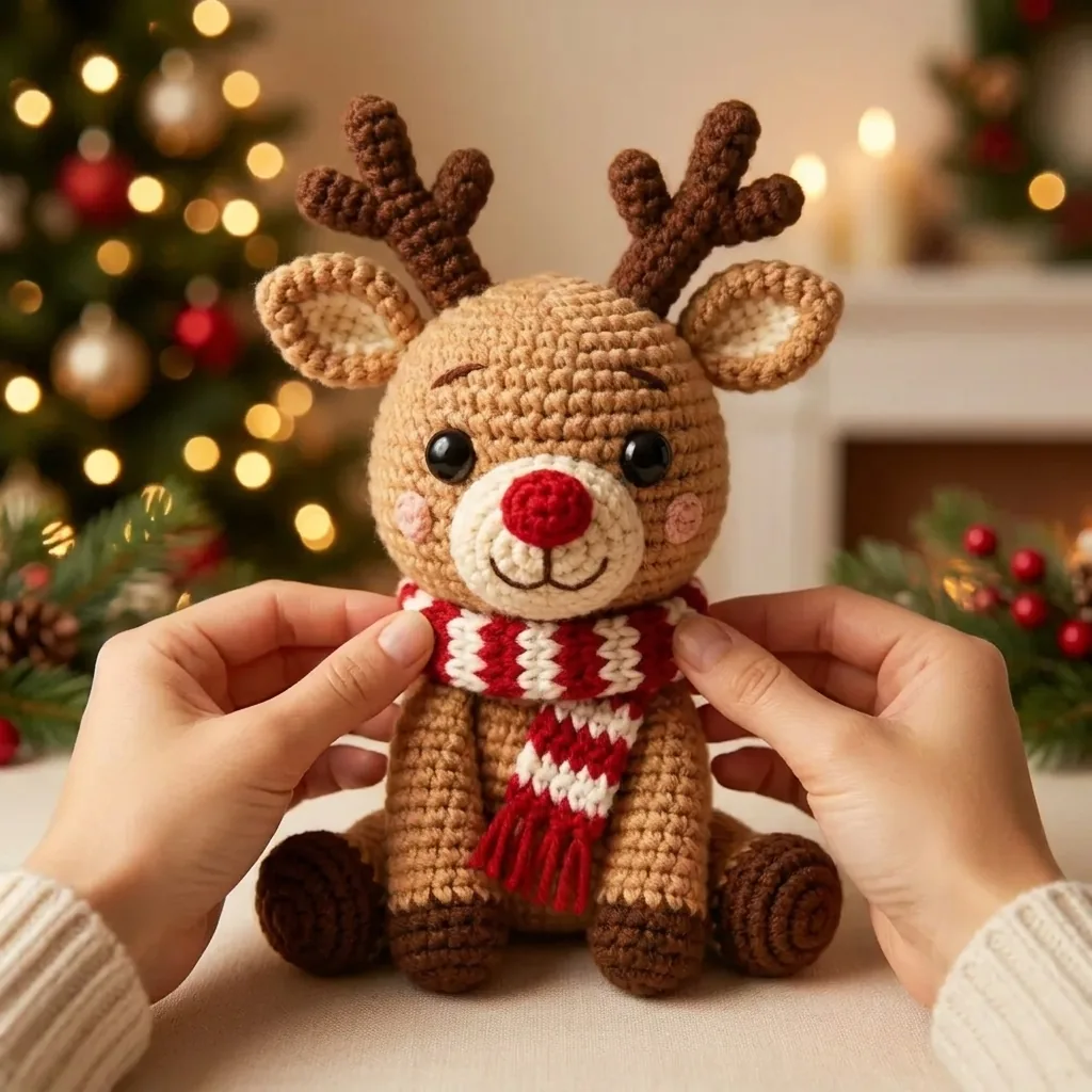 Red and white striped scarf being placed on finished crochet reindeer