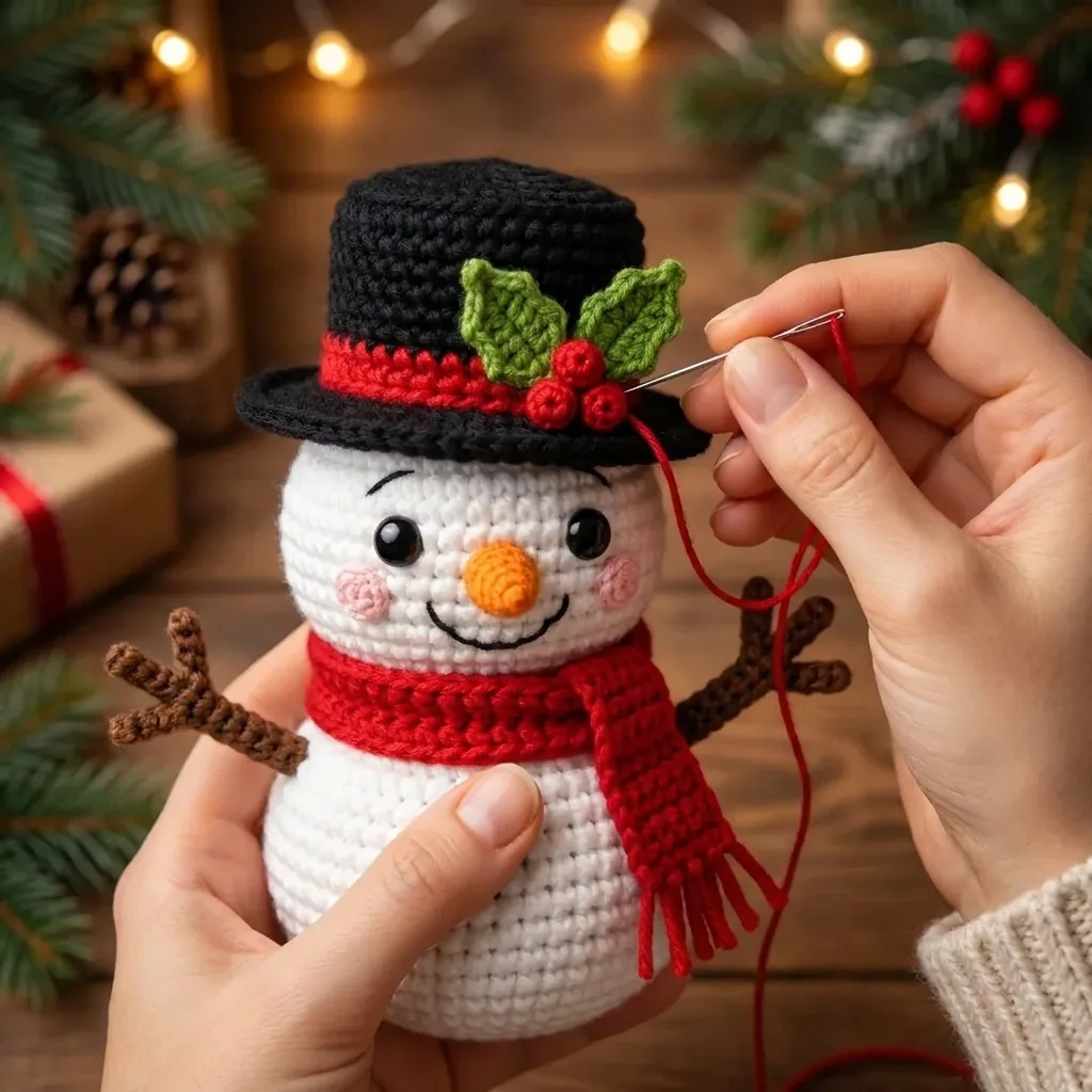Holly leaf and berries being sewn onto black hat