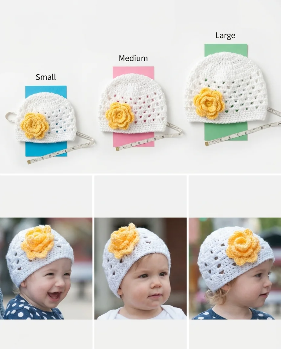 baby crochet hat size chart with small medium and large white hats
