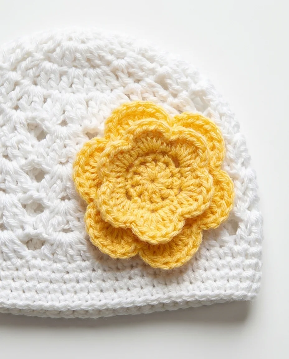 flower detail on a handmade crochet baby hat gift
