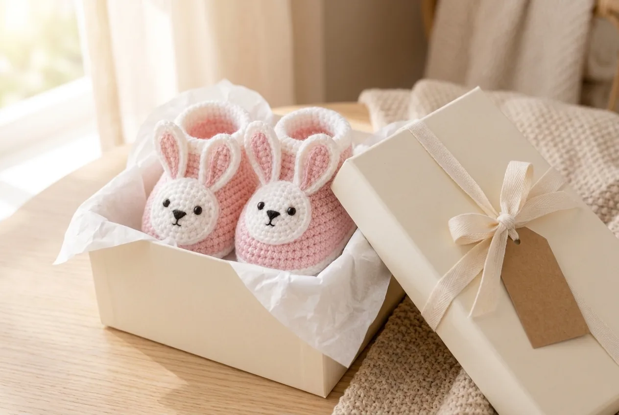 Pink crochet bunny booties in a cream baby shower gift box