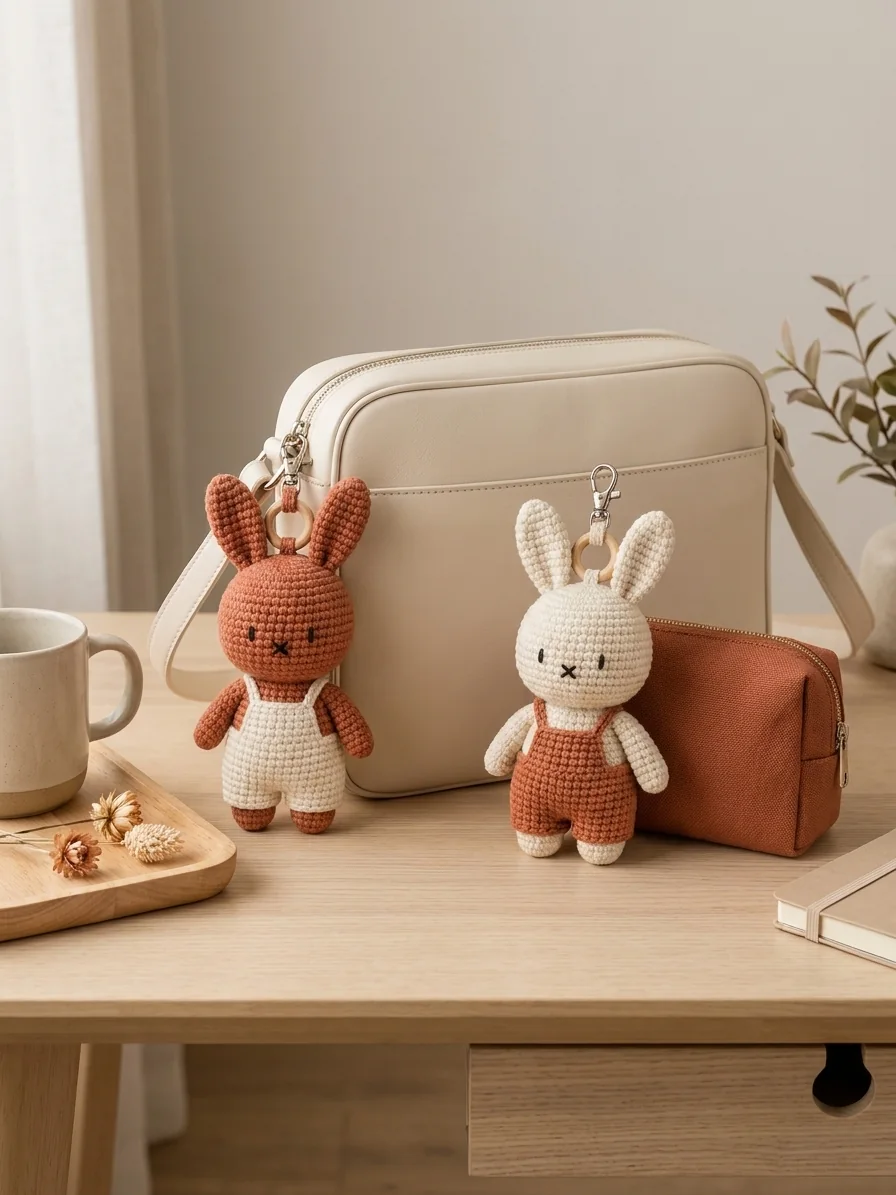 A Gift for Someone Who Loves Cute Bag Accessories with a rust and cream crochet bunny keychain