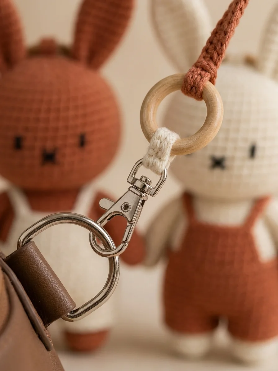 Attachment Hardware with a rust and cream crochet bunny keychain
