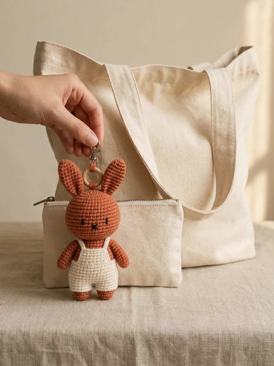 Overall Visual Scale with a rust and cream crochet bunny keychain