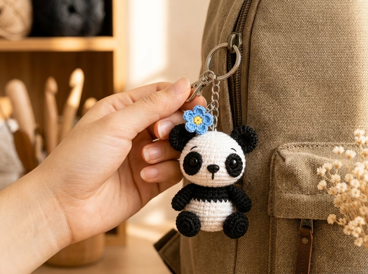 Testing the Pocket Panda keychain clasp on a backpack