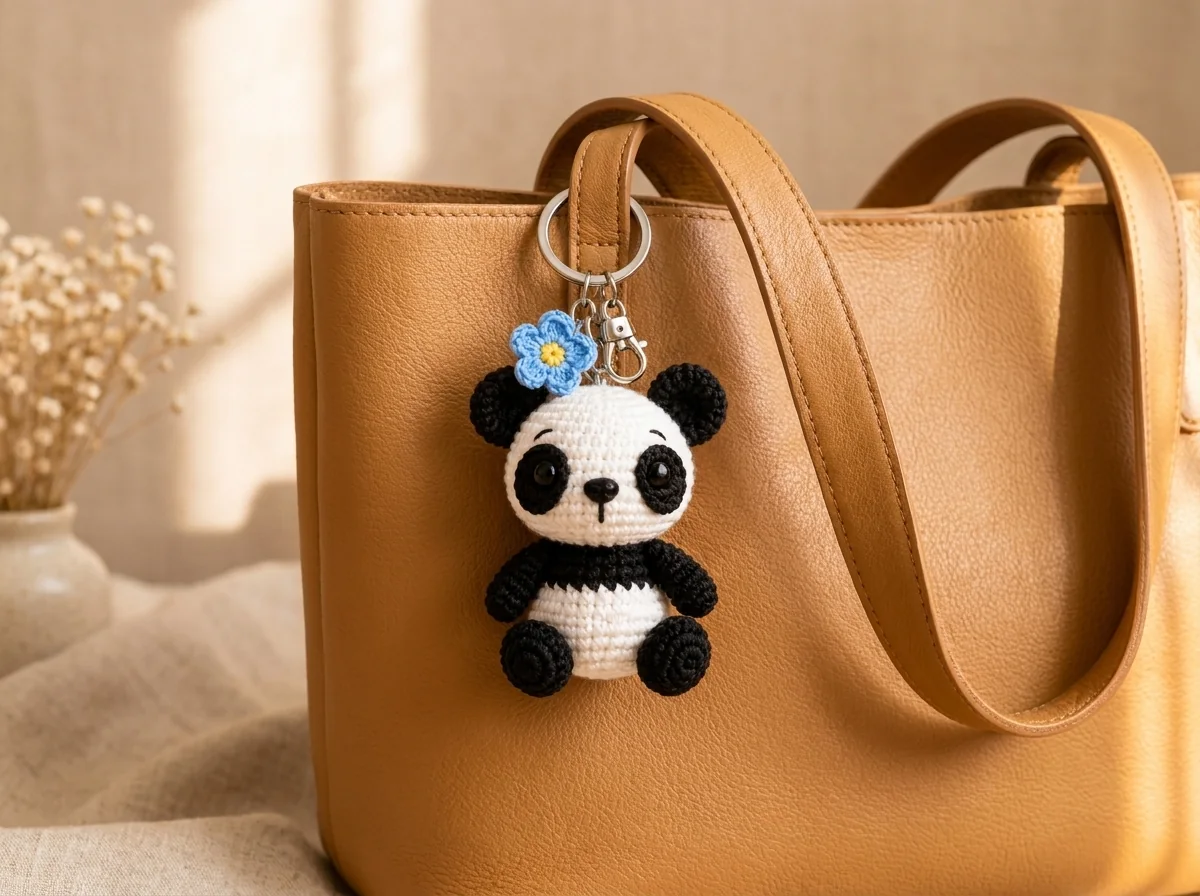 Pocket Panda crochet bag charm on a camel tote