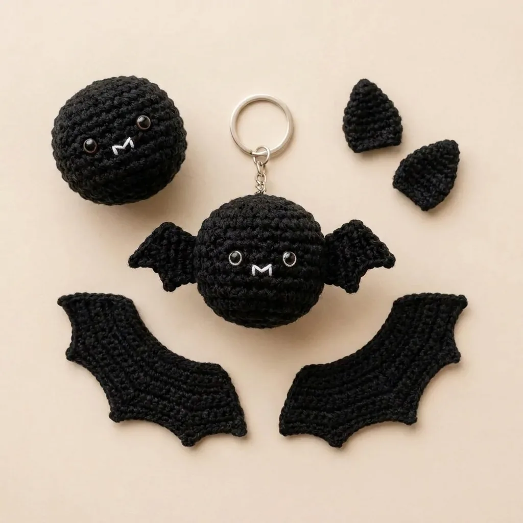 Black bat crochet keychain pattern with separate body ears and wing construction pieces