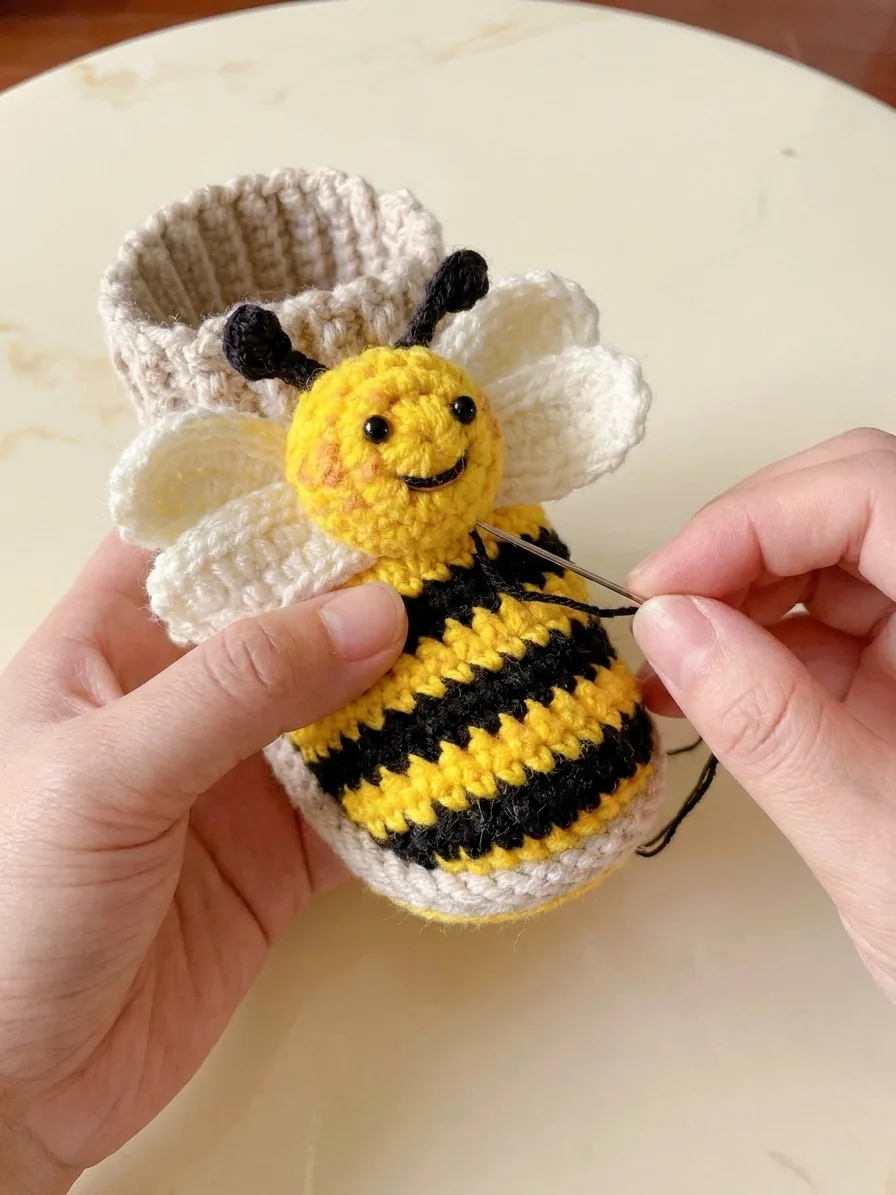 Bee face four wings and antennae being sewn to a tall striped crochet slipper