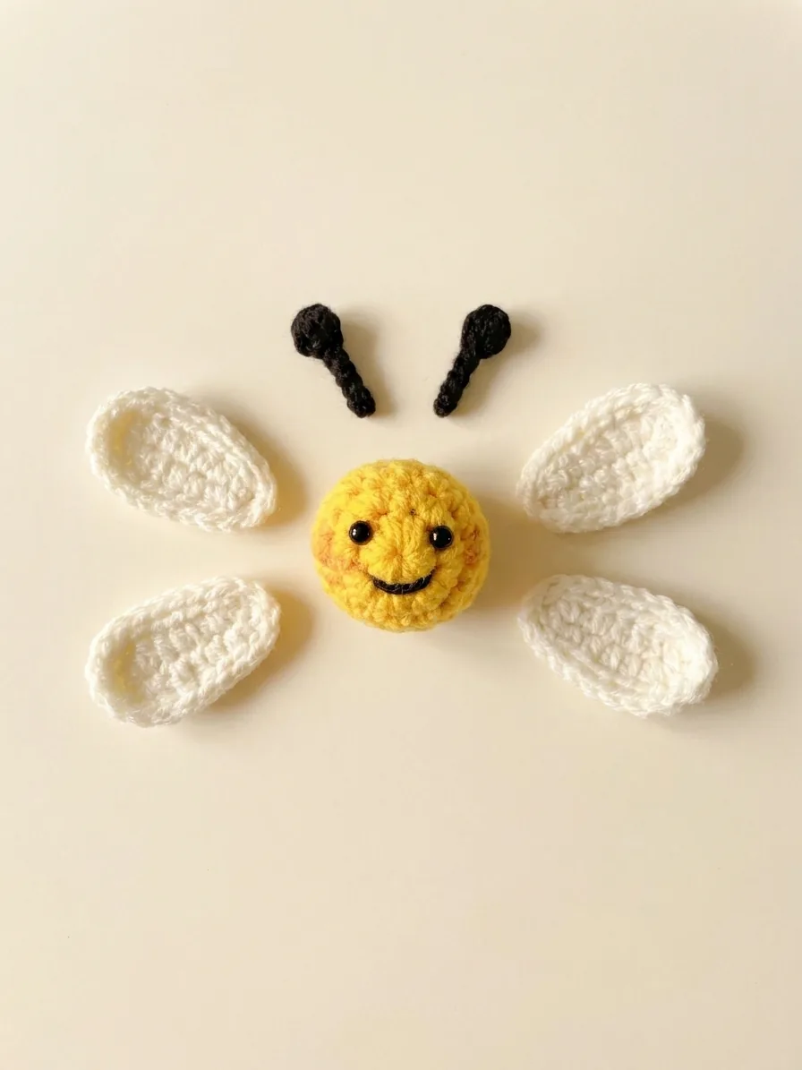 Crochet bee face four white wings and two black antennae prepared for one slipper