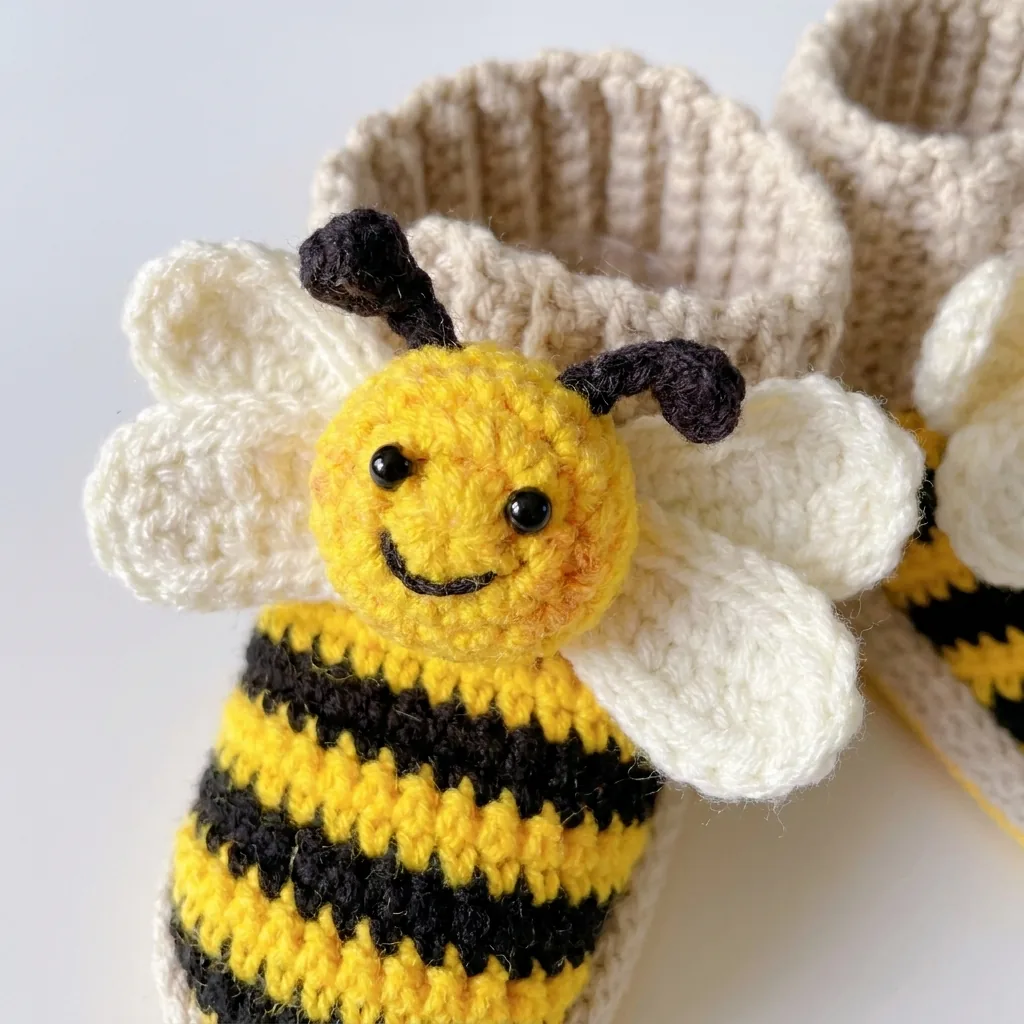 Close-up of tall crochet bee slipper face four white wings striped foot and cream cuff