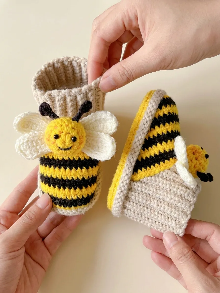 Completed tall crochet bee baby slippers with cream ribbed cuffs and striped feet