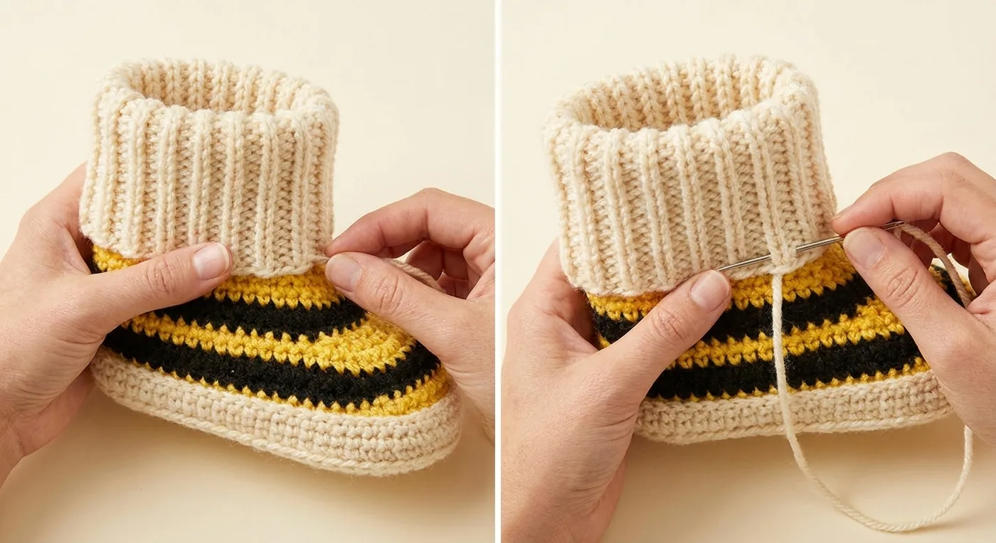 Tall cream ribbed ankle cuff being attached to a yellow-and-black striped crochet slipper