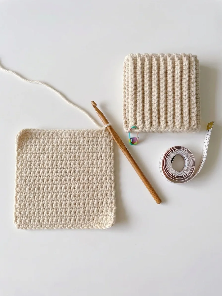 Dense cream crochet swatch and vertical ribbed cuff swatch for bee slippers
