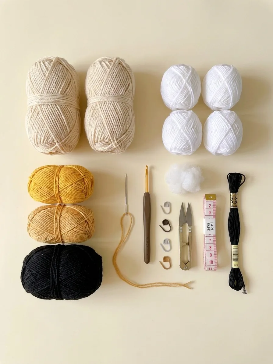 Cream yellow black and white yarn with crochet hook and tools for tall bee slippers
