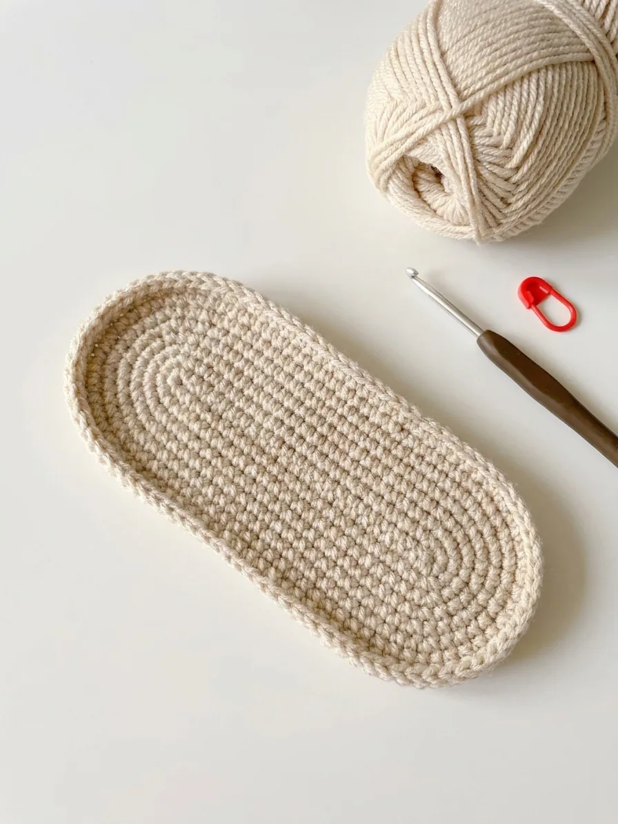 Cream crochet oval sole worked around a foundation chain