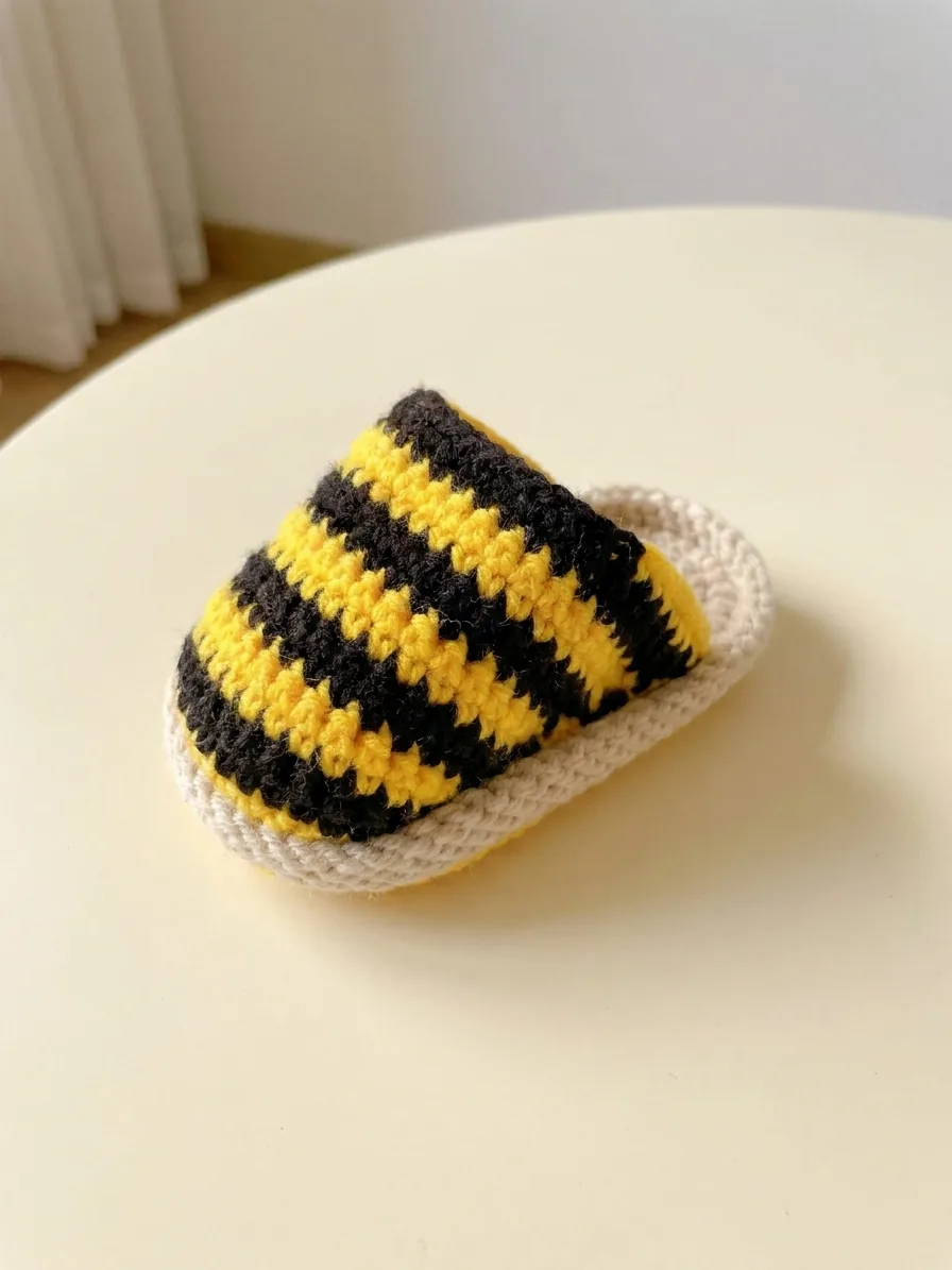 Yellow-and-black striped crochet foot rising from a cream sole