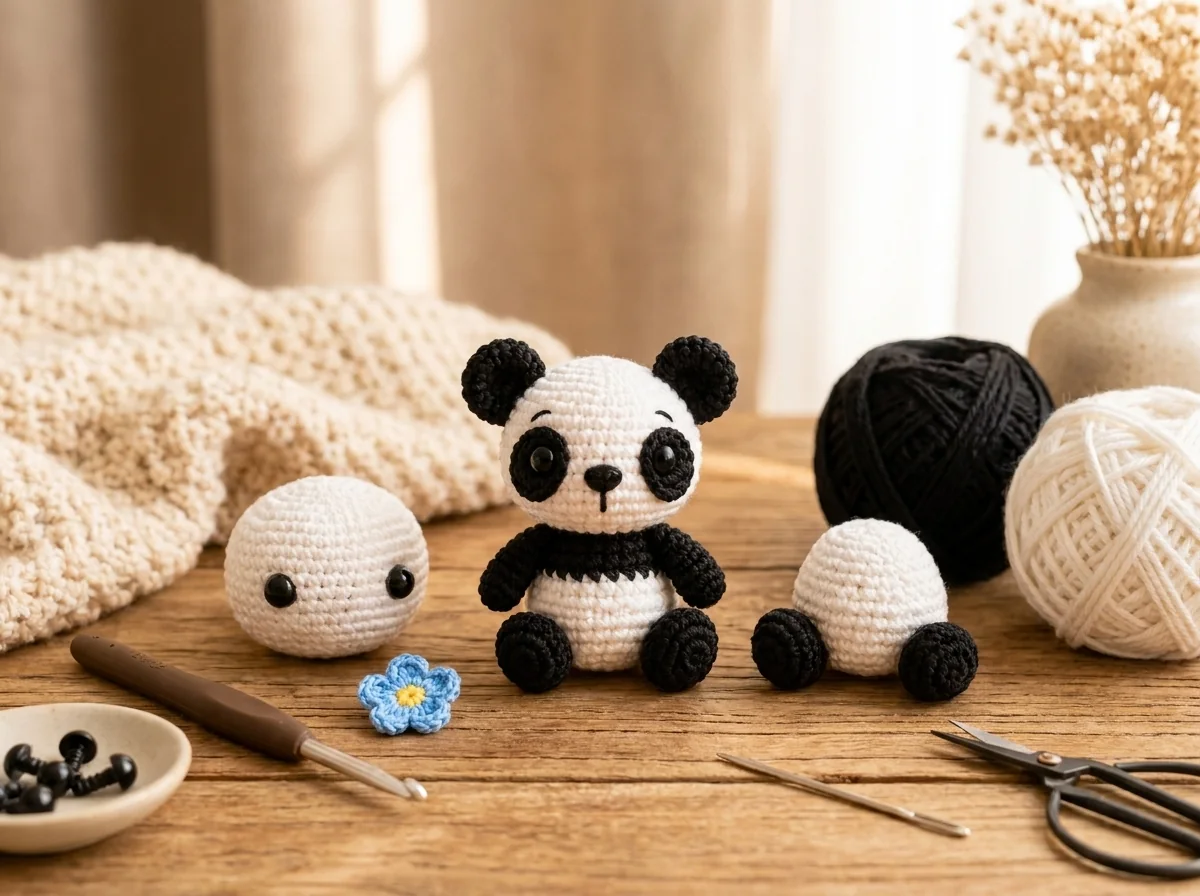 Completed panda and crochet components after assembly practice