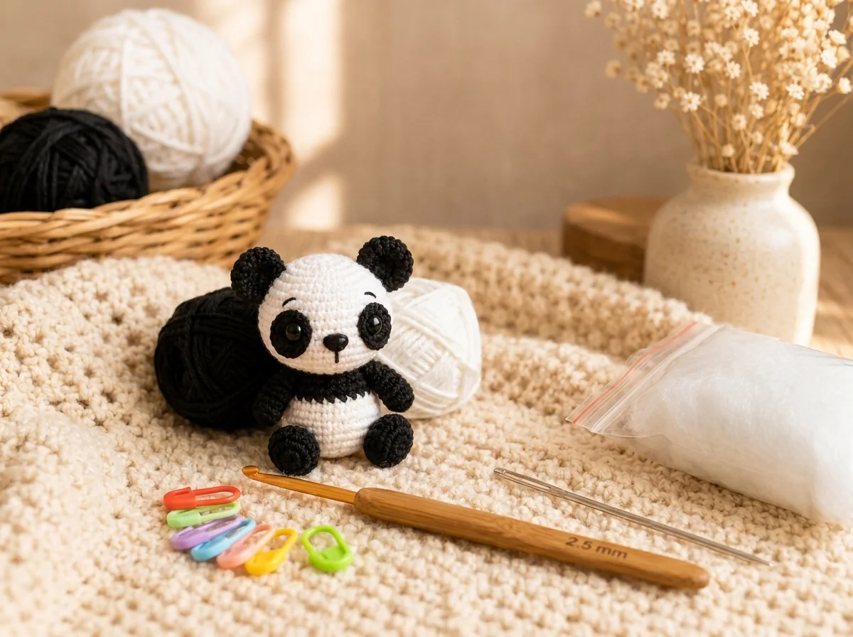 Beginner crochet workspace for an easy amigurumi panda