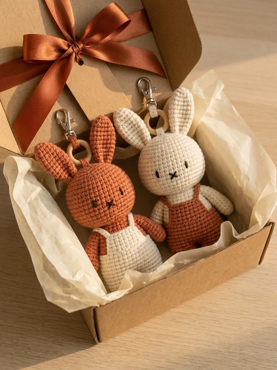 A Birthday Surprise for a Bunny Lover with a rust and cream crochet bunny keychain