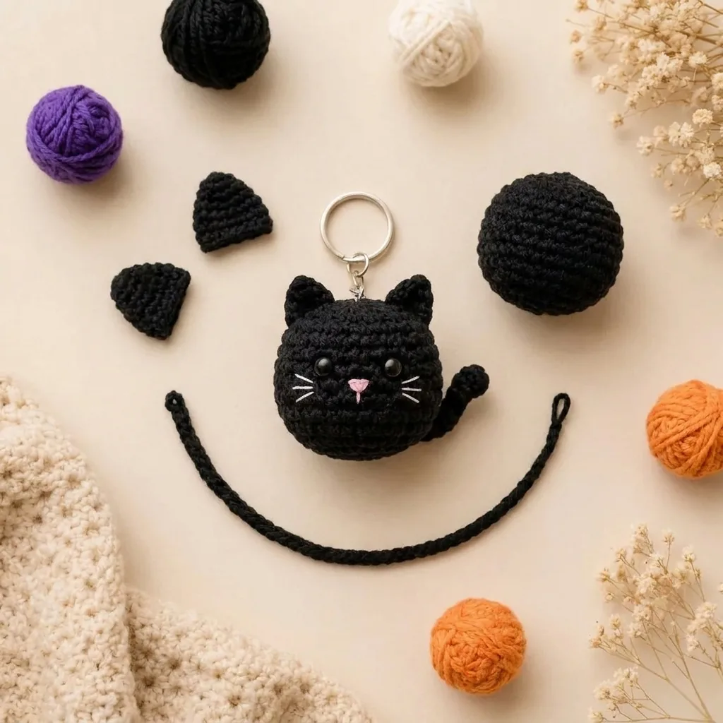 Black cat crochet keychain pattern with separate ears round head and chain tail