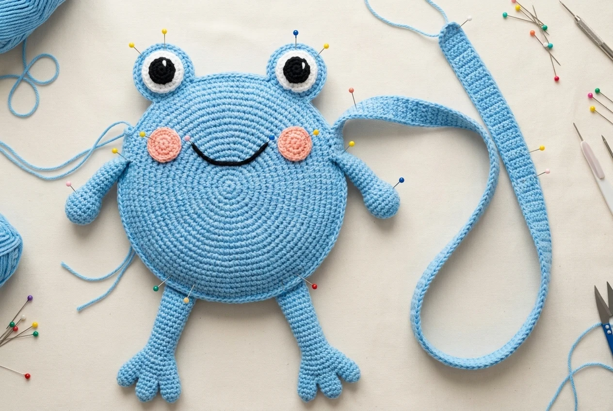 Assembly placement photograph for the blue frog shoulder bag crochet pattern with eyes cheeks smile limbs and strap pinned to the body