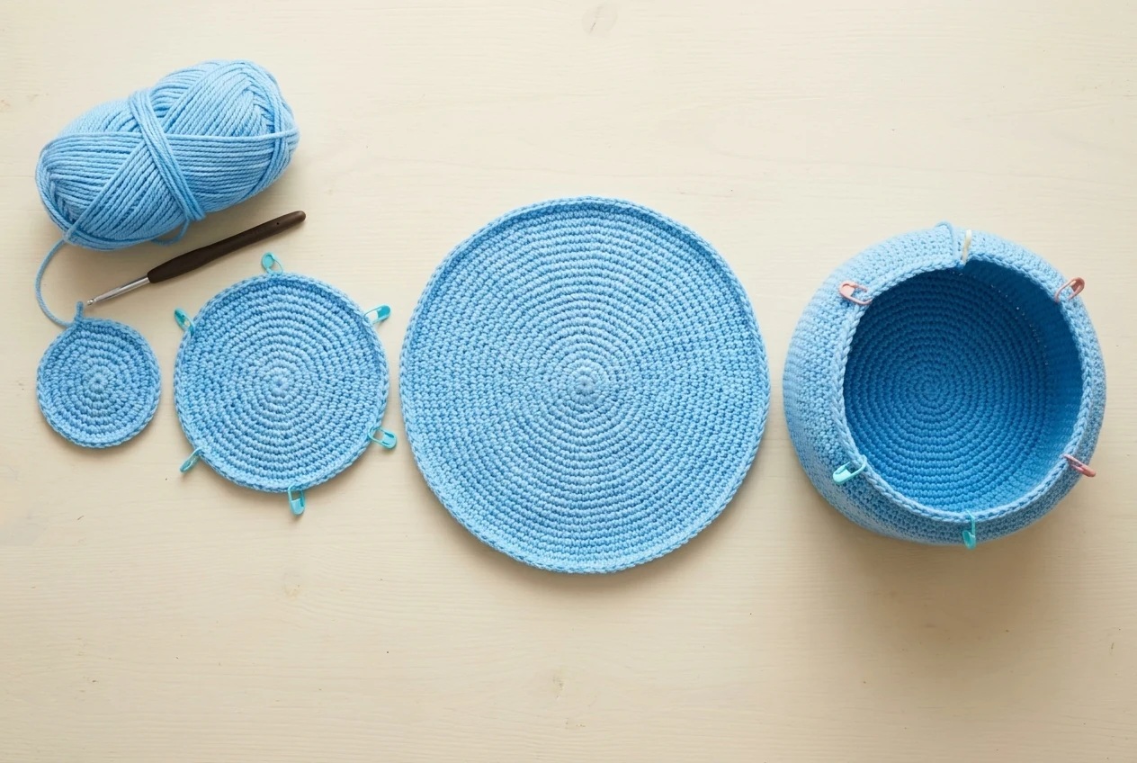 Photographic body progression for the blue frog shoulder bag crochet pattern showing flat circles and the deep round pouch
