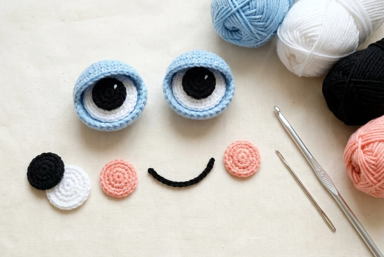 Layered eye cheek and smile pieces for the blue frog shoulder bag crochet pattern arranged before sewing