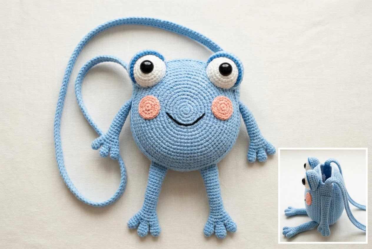 Completed fresh sky-blue blue frog shoulder bag crochet pattern showing the round body depth face limbs and long strap