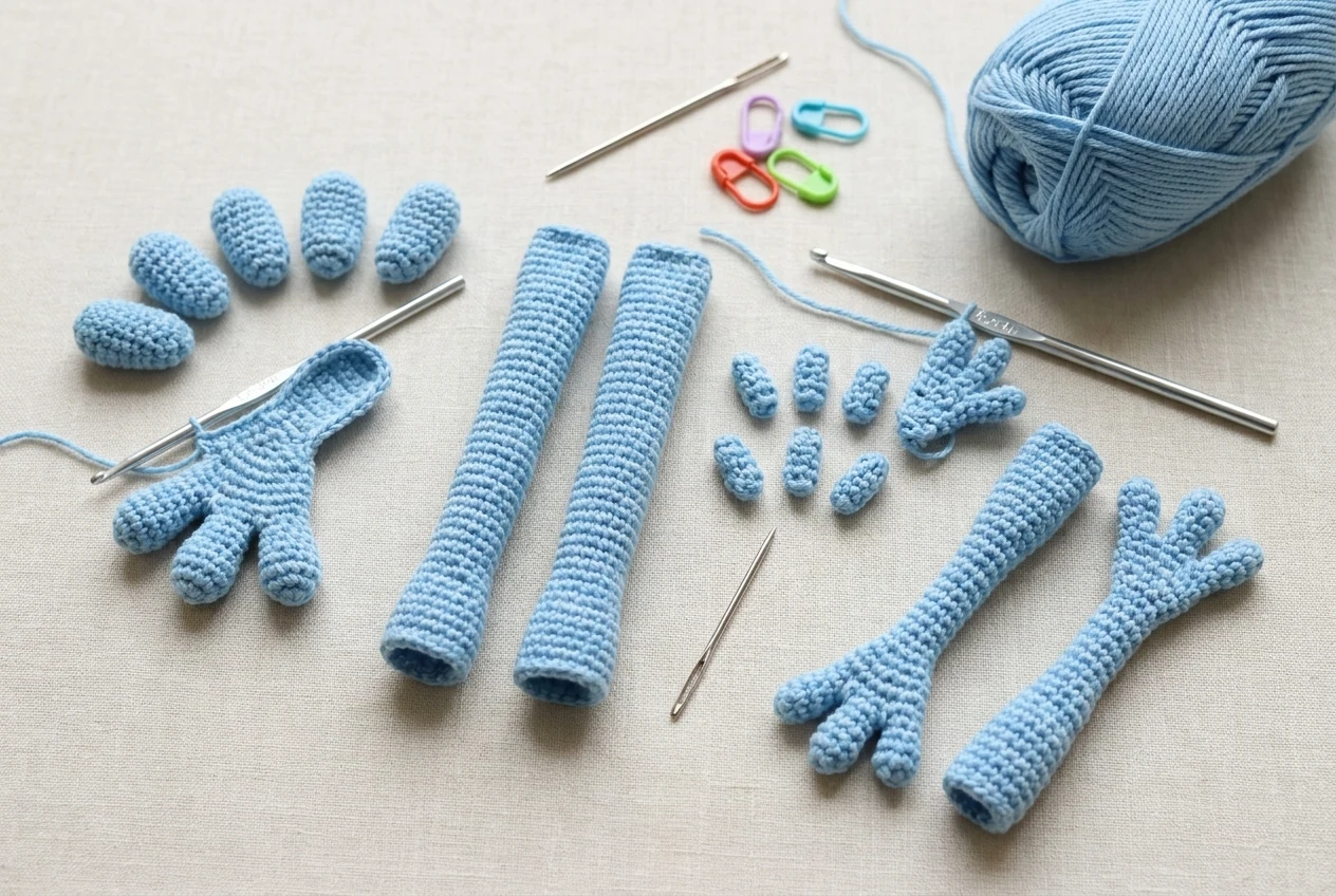 Realistic limb sequence for the blue frog shoulder bag crochet pattern showing individual toes joined feet fingers hands and long limbs