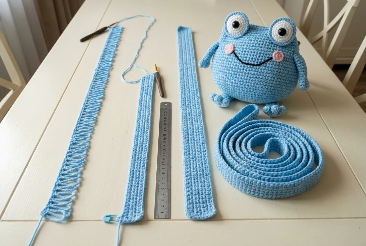 Crocheted strap stages for the blue frog shoulder bag crochet pattern from foundation chain to the finished long band