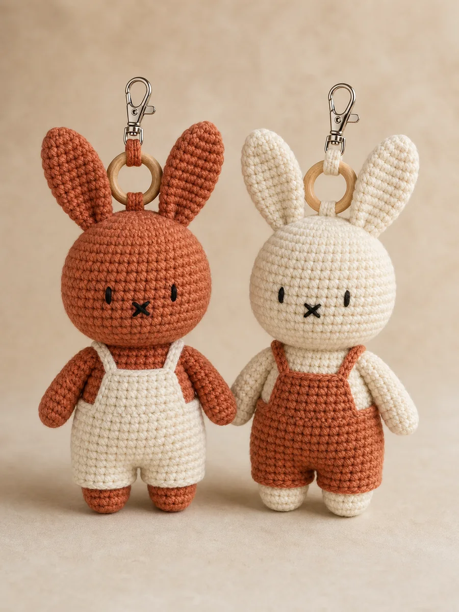 Rust and cream crochet bunny keychain duo with wooden rings and metal clasps