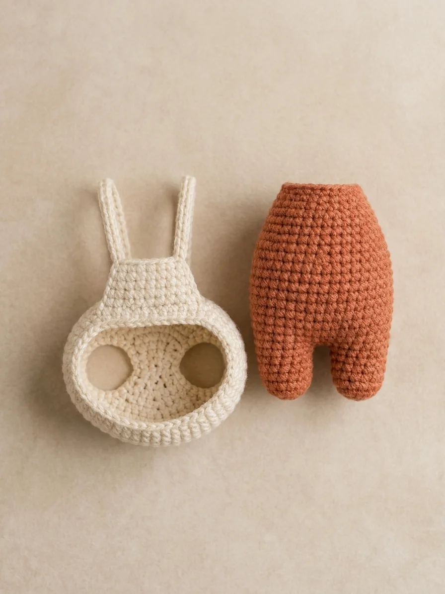 Crochet bunny keychain pattern step 6: crochet the miniature overalls