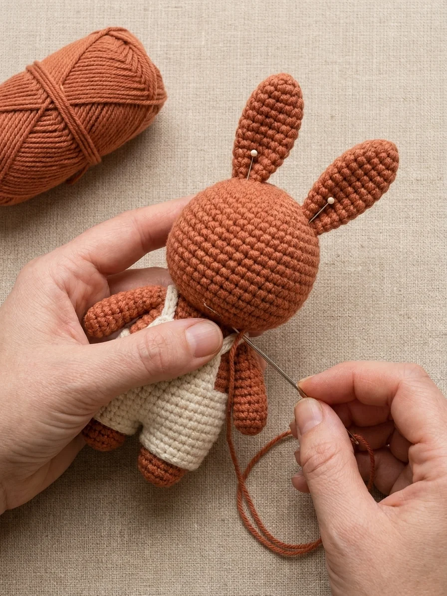 Crochet bunny keychain pattern step 7: assemble the bunny securely