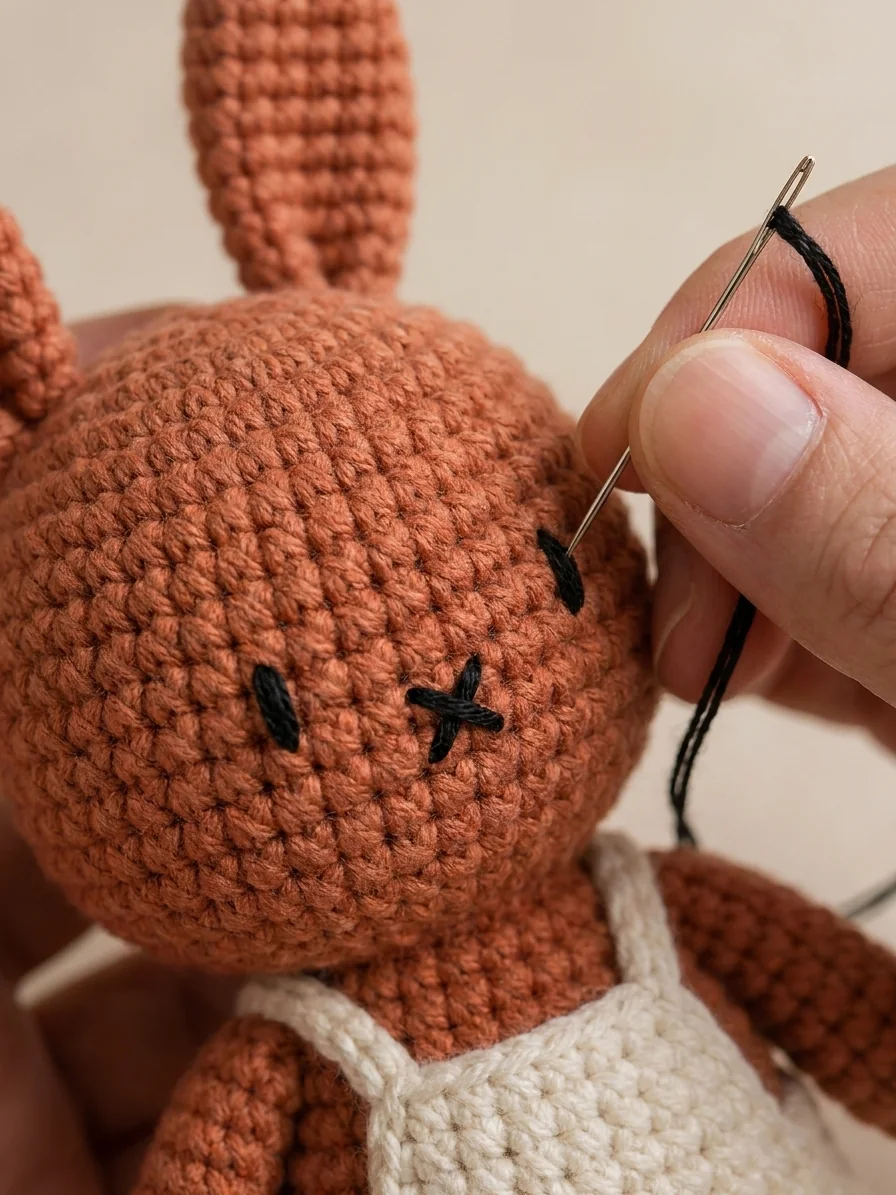 Crochet bunny keychain pattern step 8: embroider the minimalist face