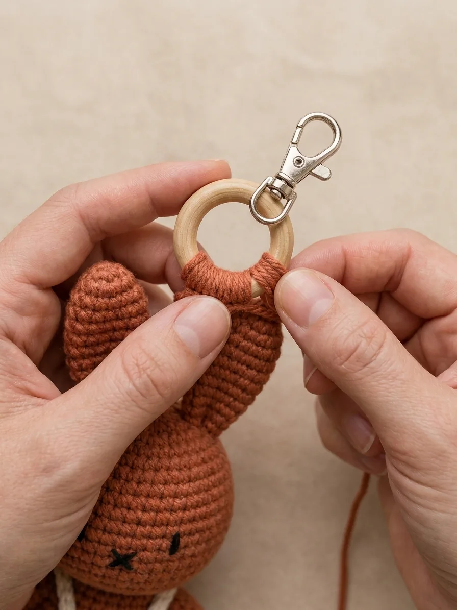 Crochet bunny keychain pattern step 9: attach the ring and swivel clasp