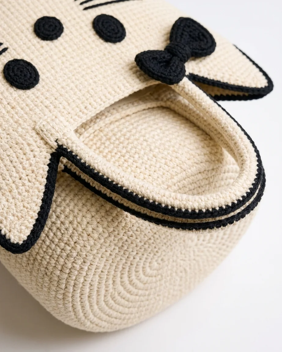How Sturdy Are the Handles and Construction? featuring the cream and black crochet cat-face bow bag