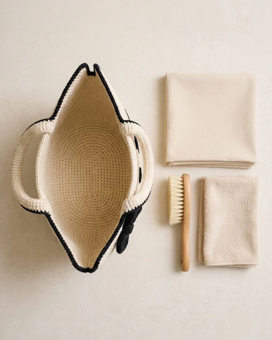 Is It Lined, and How Do I Care for It? featuring the cream and black crochet cat-face bow bag
