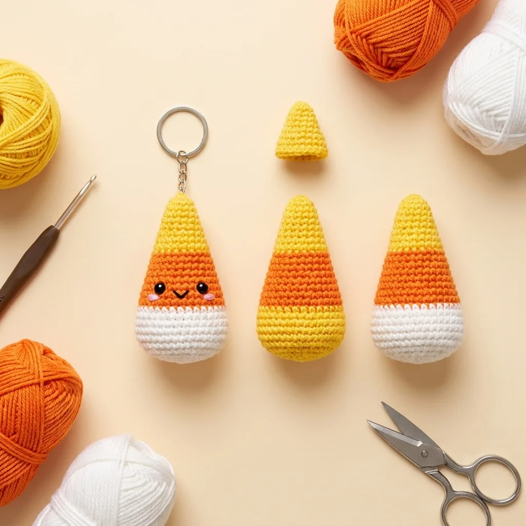 Candy corn crochet keychain pattern showing tapered cone and clean color change stages