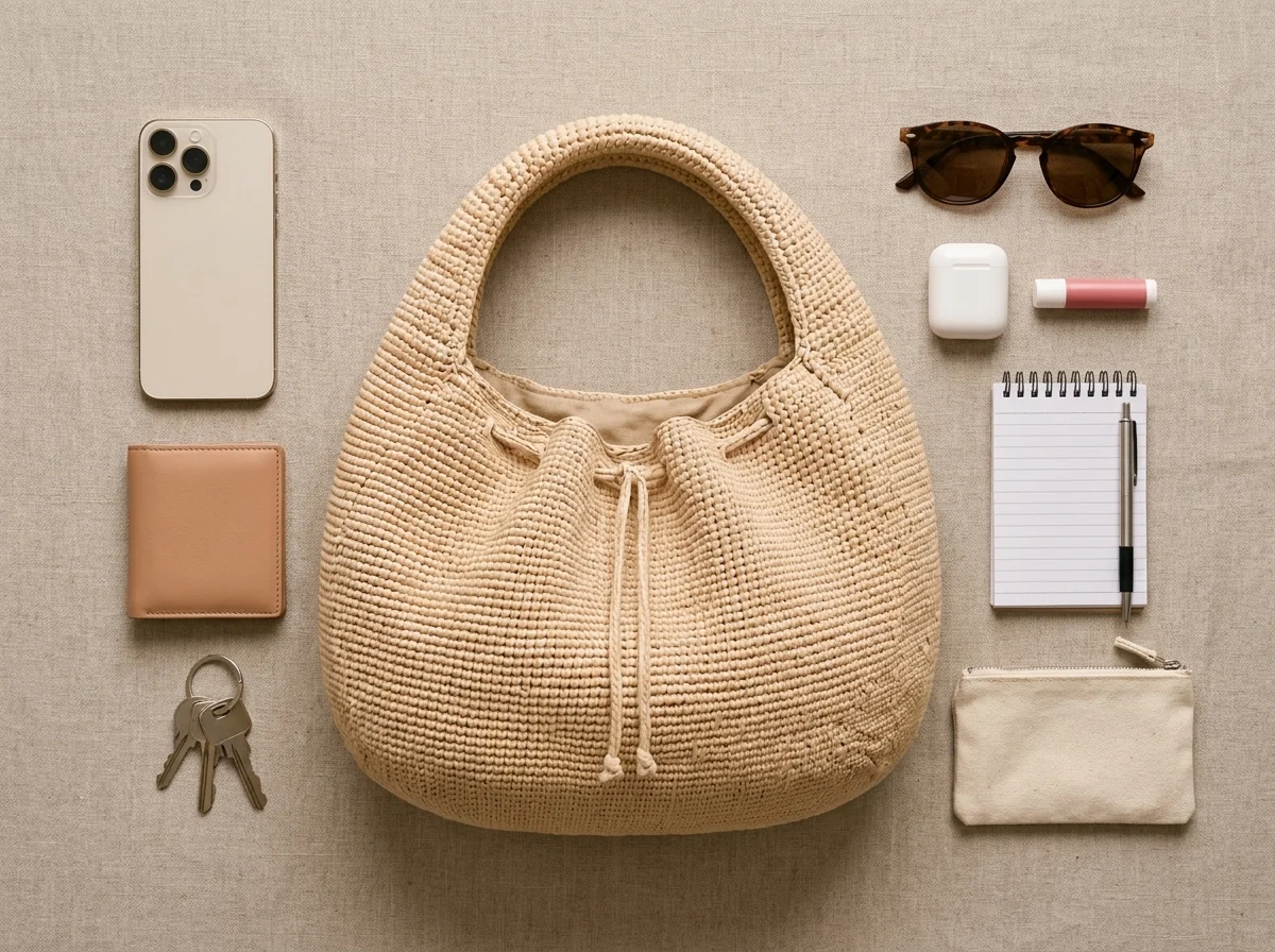 full crochet crescent handbag with everyday essentials arranged beside it