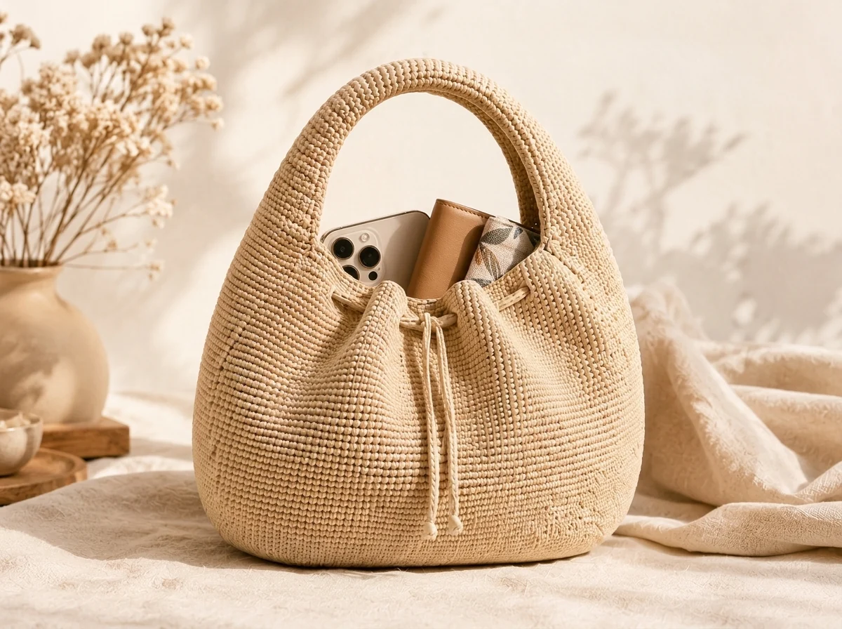 full crochet crescent handbag holding a phone wallet and small pouch