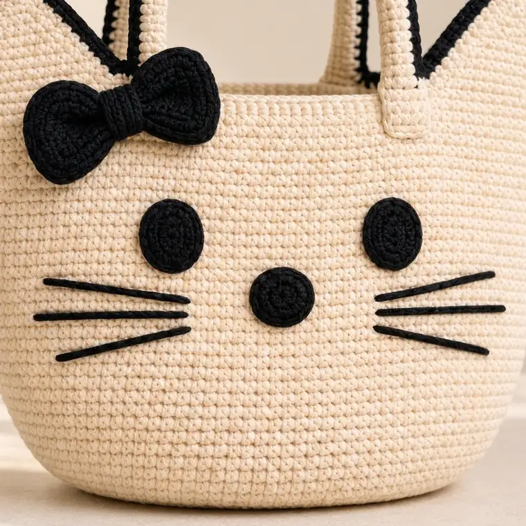 Close-up of the cat-shaped bucket bag face and even crochet stitches
