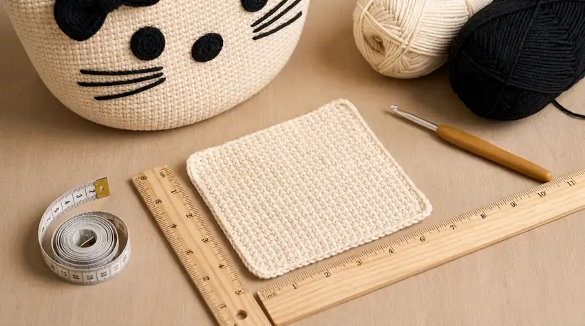 Gauge swatch for a cat-shaped bucket bag pattern PDF with rulers, yarn and crochet hook