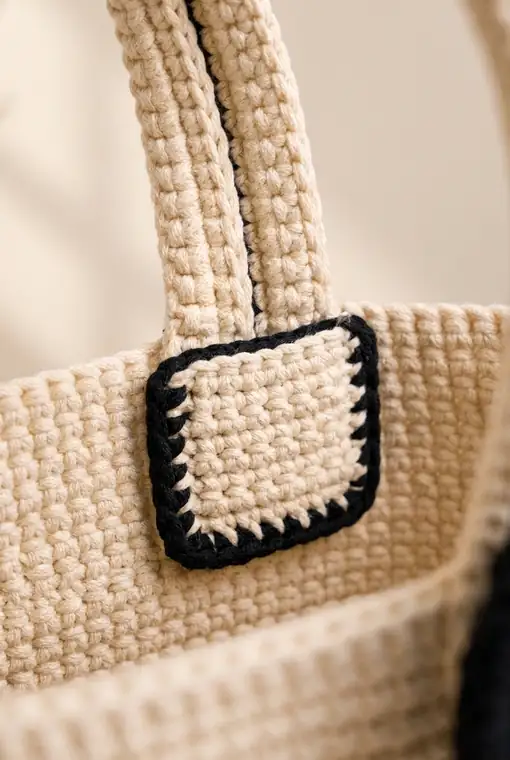 Reinforced double-thick crochet handle attachment on a cat bucket bag