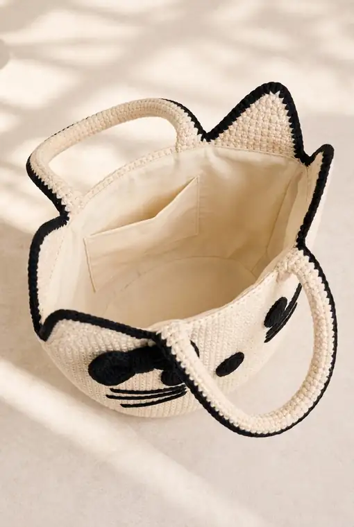 Lined interior of a cat-shaped crochet bucket bag with pocket and structure