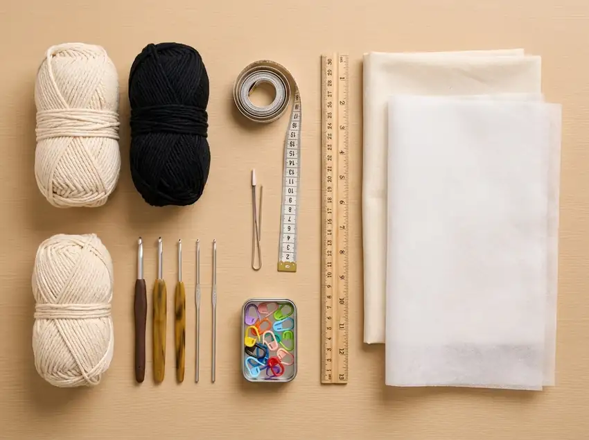 Materials for a cat-shaped bucket bag pattern PDF including yarn hooks ruler lining and interfacing
