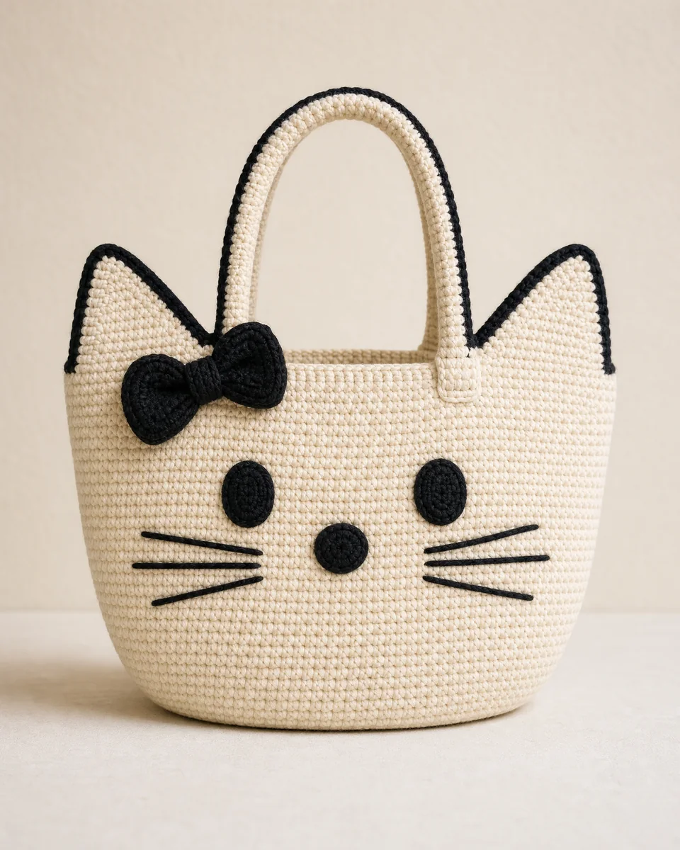 Finished cream and black crochet cat-face bow bag with ears, whiskers and handles