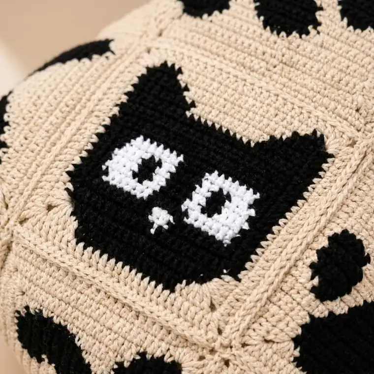 Close-up of even crochet stitches in the cat granny square tote bag pattern PDF